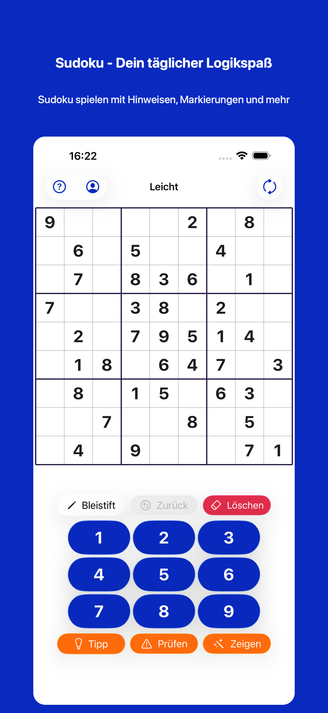 Sudoku-Spielansicht mit 9x9-Gitter und Zifferblock